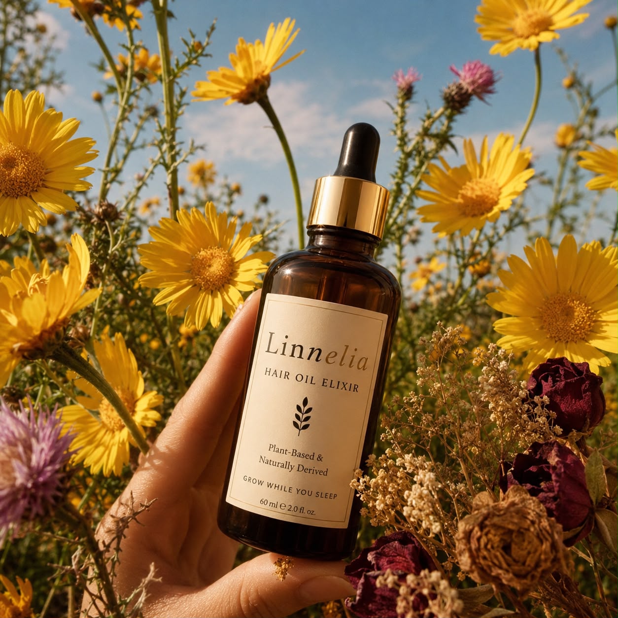 Linnelia Silkené bottle held among wildflowers