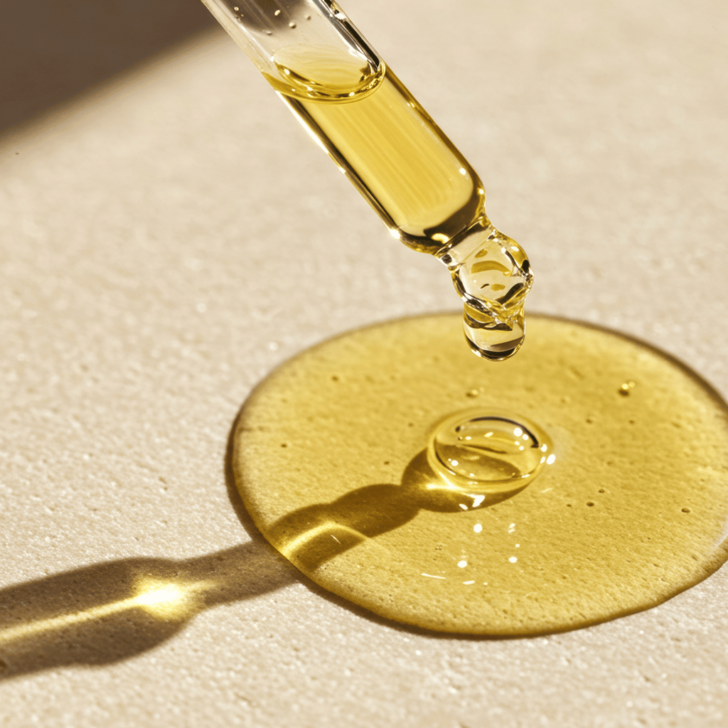 Golden Silkené elixir falling from a glass pipette