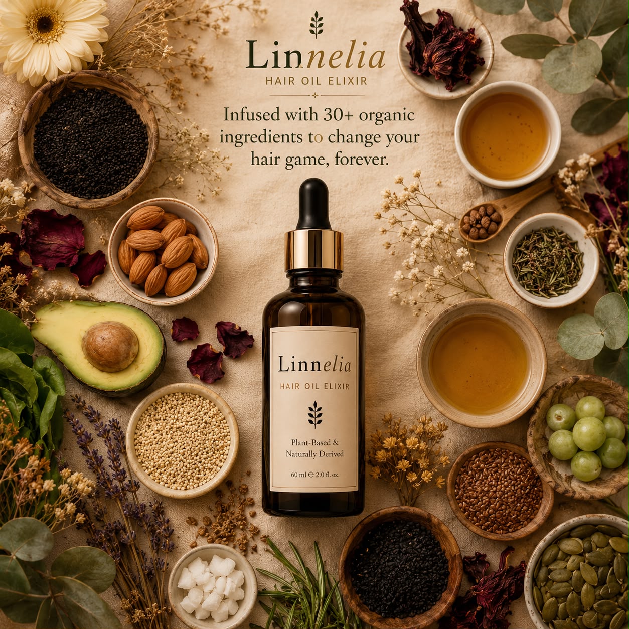 Botanicals surrounding the Linnelia Silkené bottle in an editorial flatlay